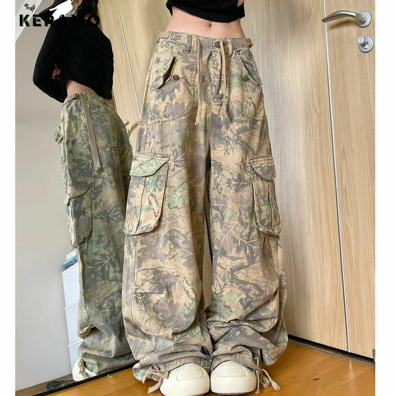 Pantalones Cargo con cordón para mujer, ropa de calle con estampado de cintura alta, Estilo Vintage informal, monos de pierna ancha, pantalones holgados Y2K