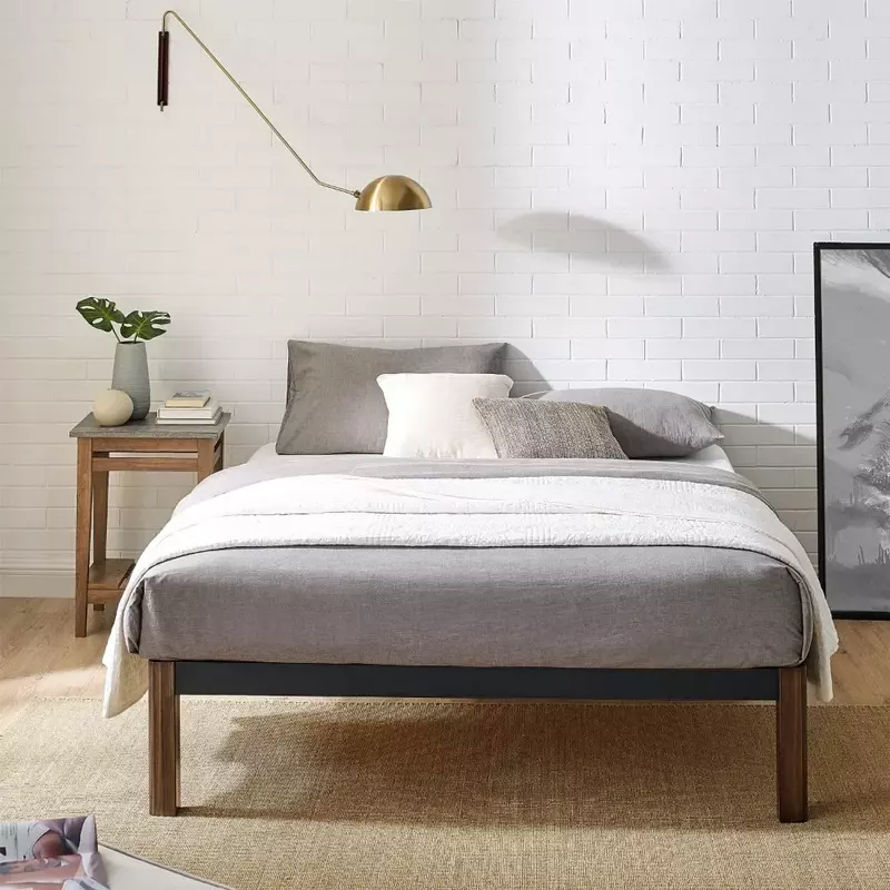 กรอบเตียงขนาดควีนไซส์แพลตฟอร์มโลหะสำเร็จไม้ระแนงสีดำกรอบเตียงพร้อมขาไม้โครงเตียง