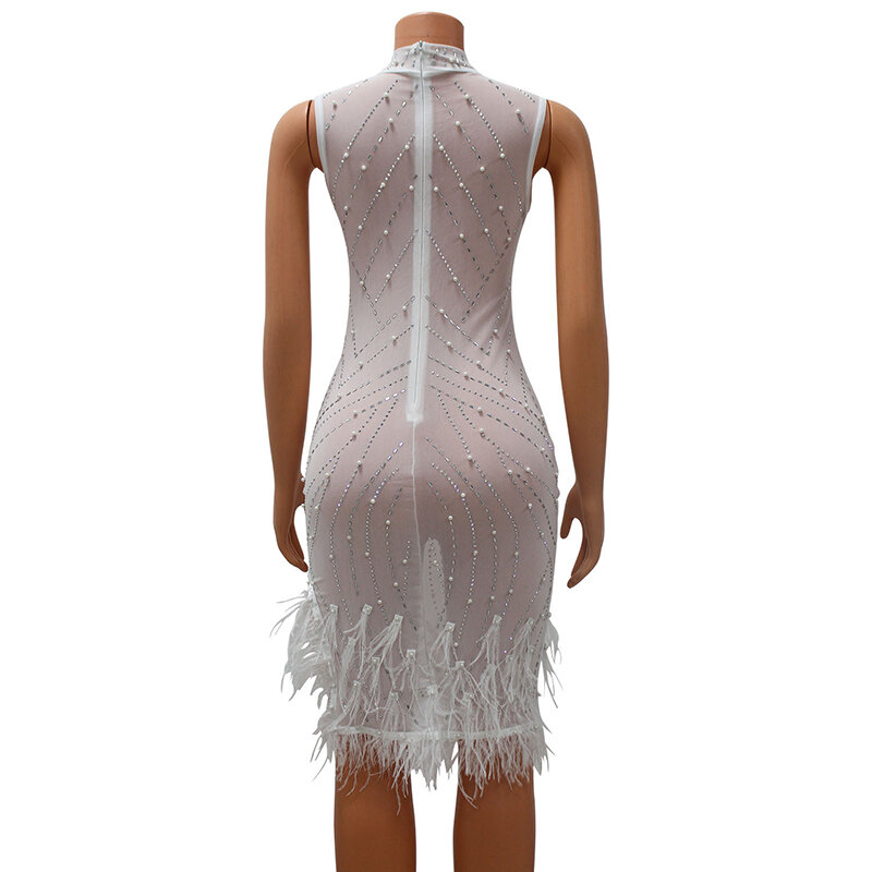 Новинка, модное прозрачное Сетчатое мини-платье с перьями и жемчугом, женское привлекательное асимметричное платье без рукавов с воротником-стойкой