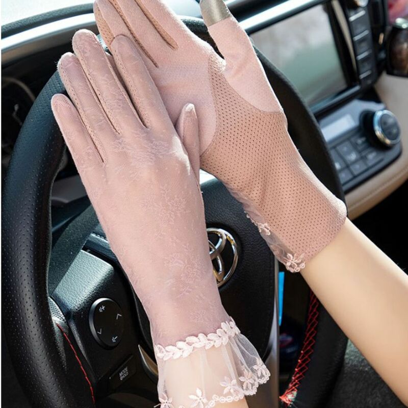 Guantes de dedo de pantalla táctil Floral de encaje de verano para mujer, guantes transpirables de seda de hielo para mujer, protector solar, guantes de conducción antideslizantes