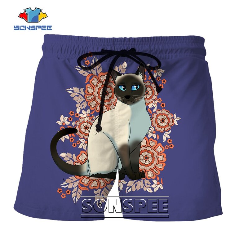 SONSPEE Siamese Special Kitten 3D Printing Casual Shorts Lovely Kitten Cat Clothing Men's Beach Hip Hop Oversized Short Pants