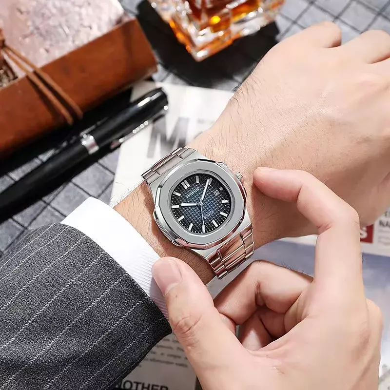 Kalendarz świecące męskie zegarki kwarcowe bransoletka ze stali nierdzewnej obudowa ze stopu zegarek biznesowy luksusowy męski zegar prezent reloj
