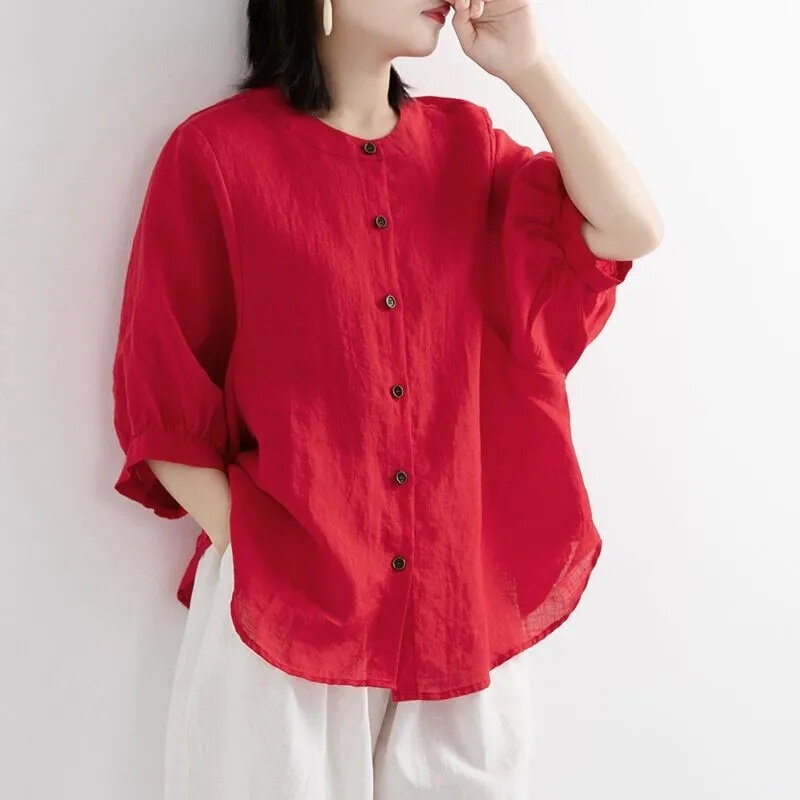 Женская рубашка с рукавами-фонариками, однотонная Свободная блузка из хлопка и льна в стиле ретро, 2024