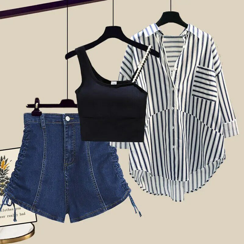 여성용 자외선 차단 셔츠, 루즈하고 날씬해 보이는 데님 반바지, 3 종 세트, 여름 패션, 2024 신상