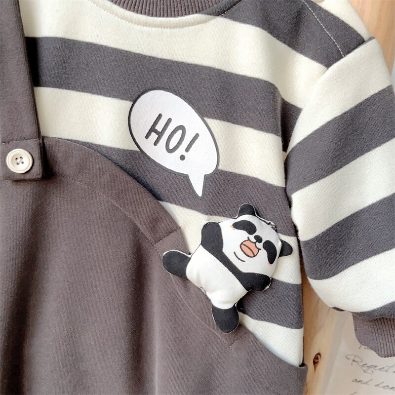 Koleksi musim gugur 2023: jumpsuit bayi Panda, jumpsuit lengan panjang motif perca bergaris 3D Panda, 1pcs untuk bayi laki-laki sempurna bayi baru lahir 0-24 bulan