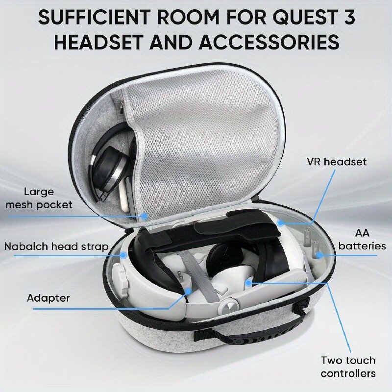 Nabalch casing pembawa keras kompatibel dengan Meta Quest 3 dan aksesori, ruang penyimpanan kustom untuk gir VR/tali kepala elit/kontak
