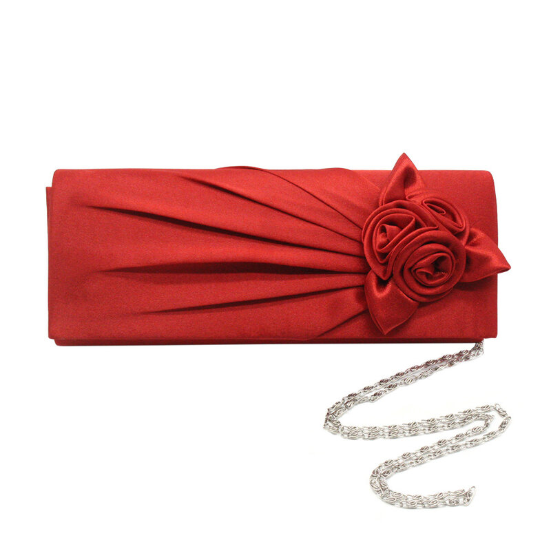 Retro Satin Roseflower Evening Bags For Women Prom Party Small Clutches Purse Silver Chain Shoulder Bag Ladies Daily Handbags