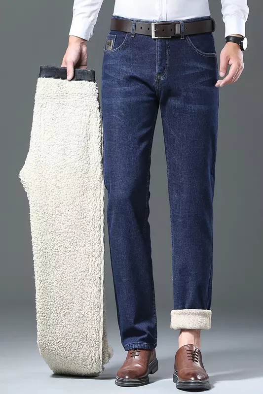 Winter Wool Velvet Men's Jeans Fleece Thickened Straight Mid-waist Business Casual Comfortable Thermal Straight Denim Trousers