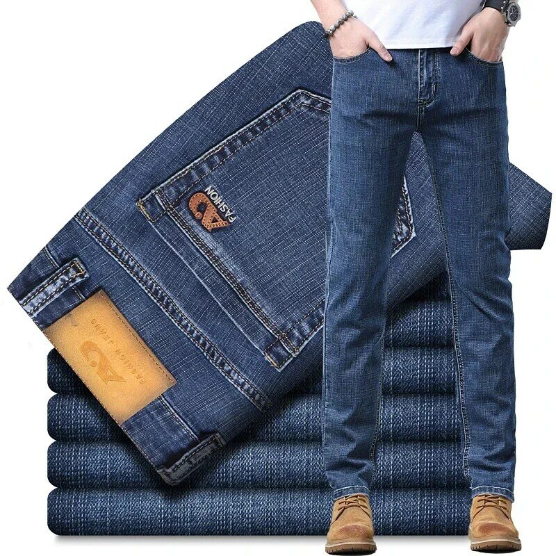 Celana Denim katun regang biru muda Retro pria, celana panjang kasual mode JeansMale tipis ramping