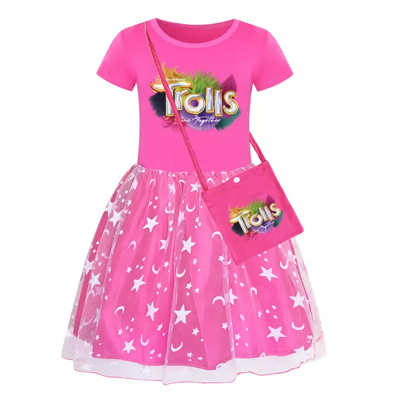 2024 Summer Trolls' World Tour Clothes Kids Cartoon Casual Dresses Baby Girls Short Sleeve Dress Children Evening Party Vestidos