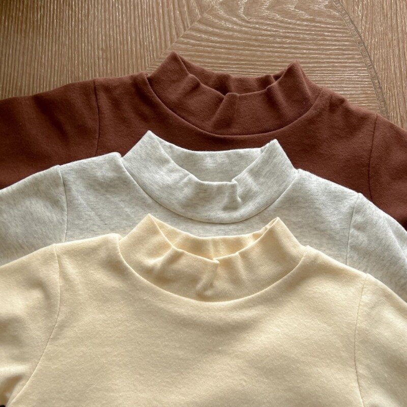 여아용 코튼 티셔츠, 긴 소매, 하이넥, 따뜻한 보터밍 셔츠, 캔디 컬러 상의, 2024 가을