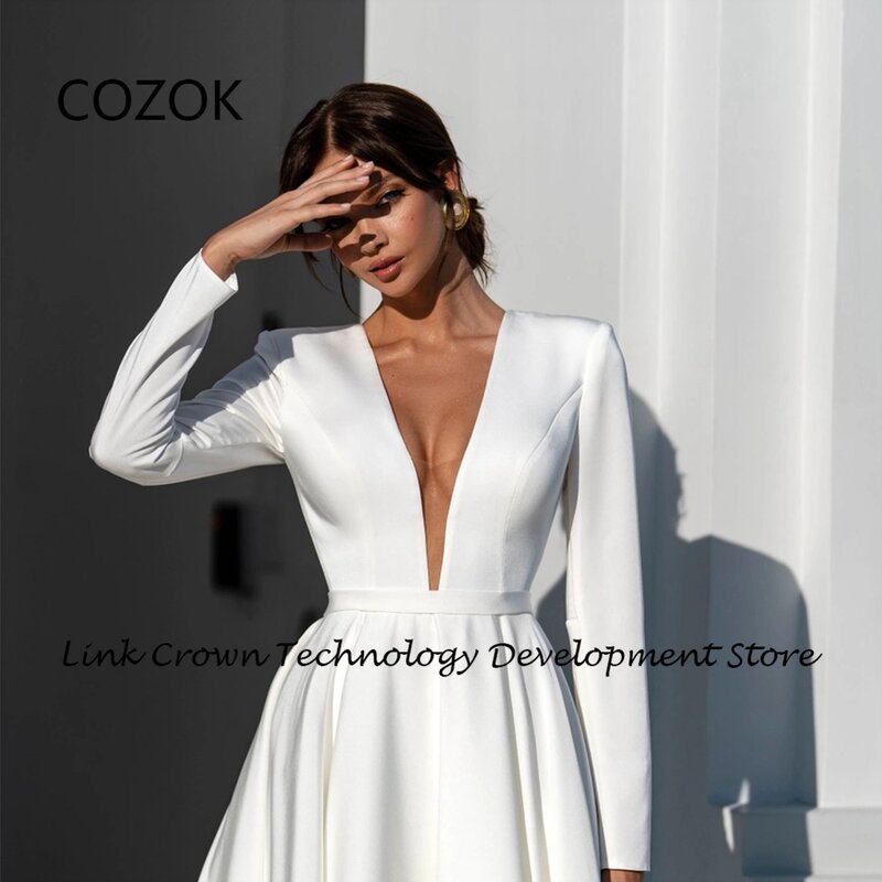 COZOK V Neck Satin Wedding Dresses for Women 2024 Full Sleeve Bridal Gowns Summer Floor Length Button Back Vestido Novia New