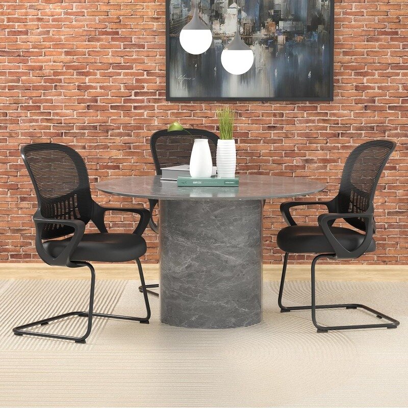 Office Desk Chair No Wheels Set of 2, Ergonomic Executive Sled Base Mesh Computer Chairs with Comfy Arms and Lumbar Support