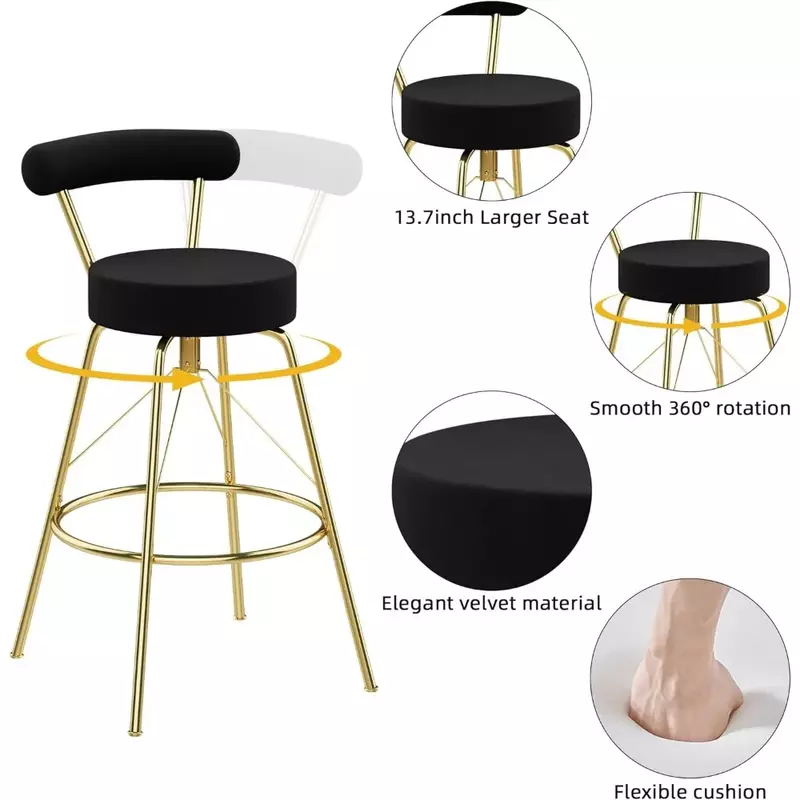 Барный стул набор из 2 предметов, поворотный барный стул с спинкой, современный бархатный стул, кухонный остров, барный стул