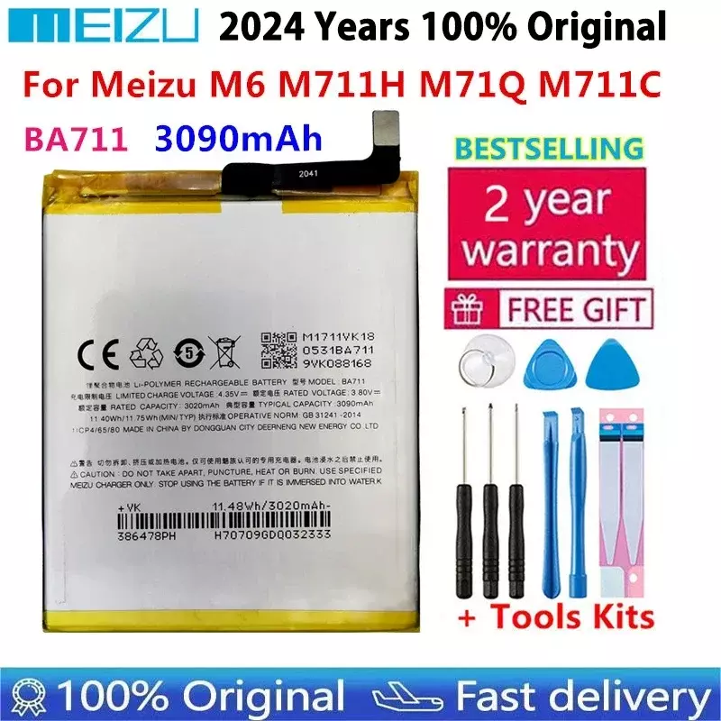 Meizu M6 Meilan6 M711 시리즈용 교체 배터리, 100% 오리지널 3070mAh BA711, M711M M711C M711Q M711H 휴대폰 배터리