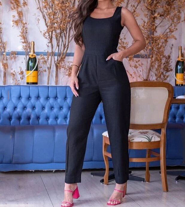 Jumpsuits for Women New Casual Solid Color Sleeveless Round Neck Pocket High Waist Women One Pieces Bodysuit Elegant Jumpsuit