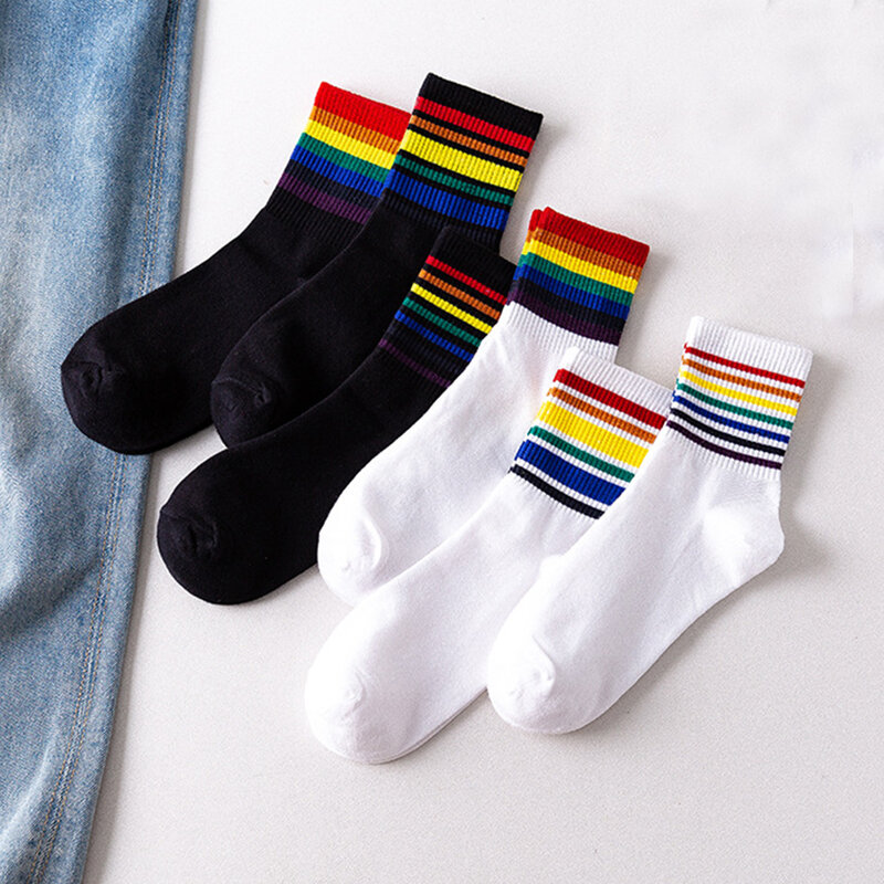 Winter Autumn Casual Colorful Black White Breathable Stripe Socks Rainbow Stripe Rainbow Socks Cotton Hosiery