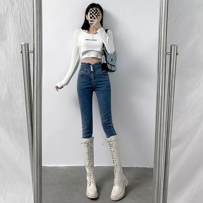 Женские джинсы, новинка 2023, осенняя мода, джинсы с завышенной талией, женские облегающие узкие брюки-карандаш, уличная одежда