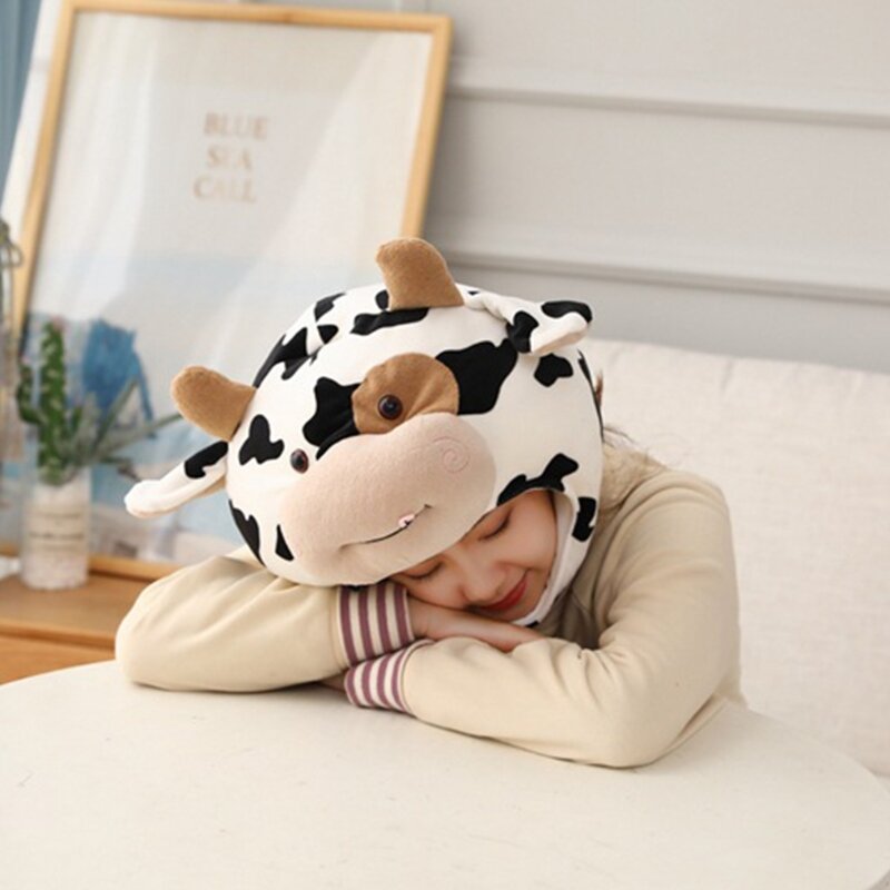 Novedad, divertido gorro felpa vaca lechera para cabeza, almohada con estampado puntos, juguete peluche Animal