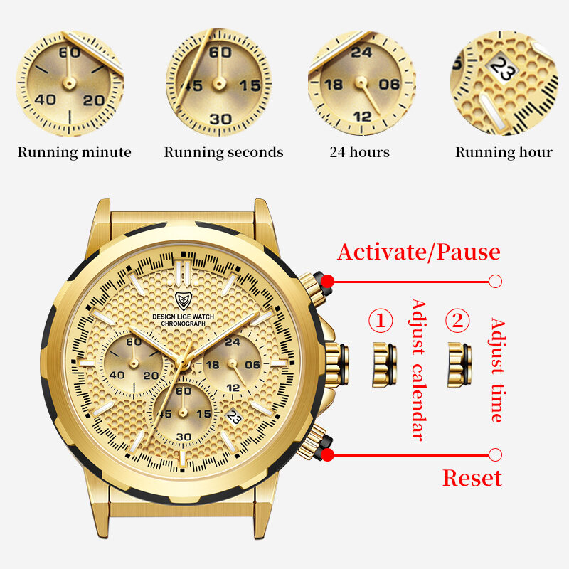 LIGE-Relógio de pulso masculino de quartzo em aço cheio, relógio masculino impermeável, grandes relógios para esportes, marca top, luxo
