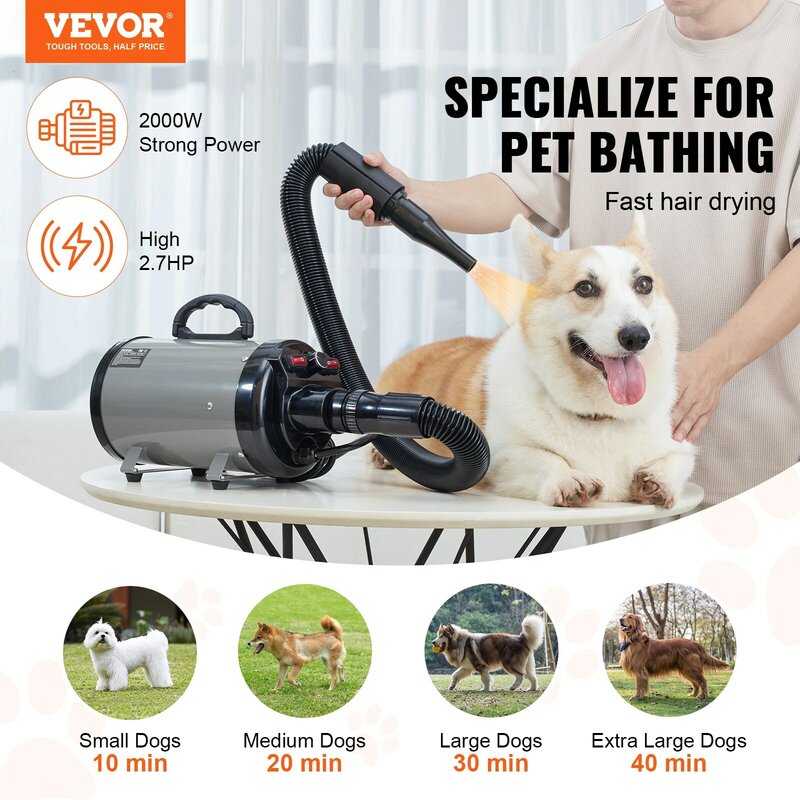 VEVOR-Controle de Temperatura Dog Blow Secador, Velocidade Ajustável, 4 Bicos, Mangueira Extensível, Pet Hair Grooming, 2000W, 2.7HP