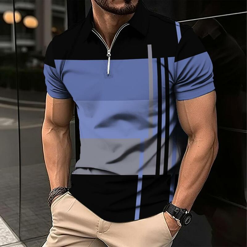 Heren Zip Polo Shirt 3d Stripe Print Mode Kleding Zomer Casual T-Shirt Heren Polo Shirt Met Korte Mouwen Street Top