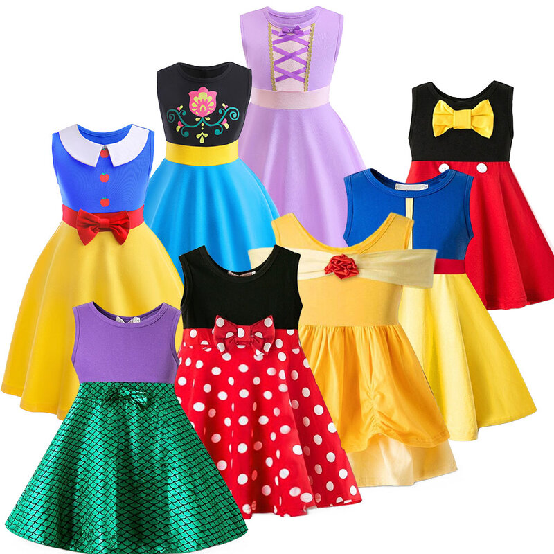 女の子の白雪姫とベルの服、小さな人魚、カジュアルなドレス、赤ちゃん、子供のロールプレイ、誕生日、ミッキーマウス、夏