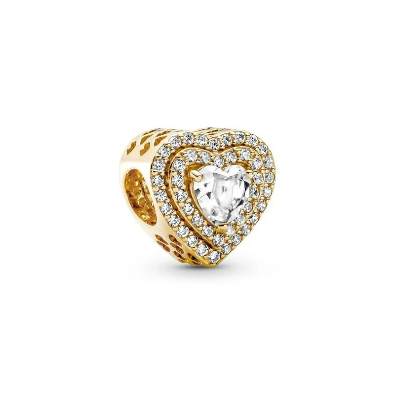 Vergulde 925 Sterling Zilver Sparkling Hearts Charm Bead Fit Originele Pandora Armband Ketting Sieraden Cadeau Voor Vrouwen