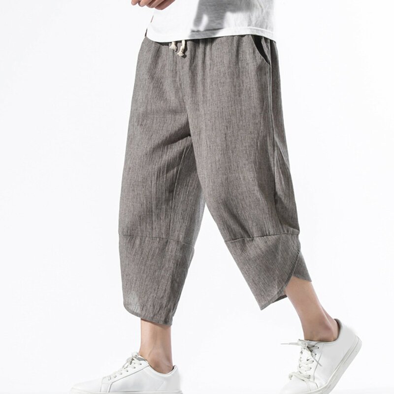 Summer Men Chinese Style Cotton Linen Harem Pants Men Streetwear Breathable Beach Pants Male Casual Calf-Lenght Trousers
