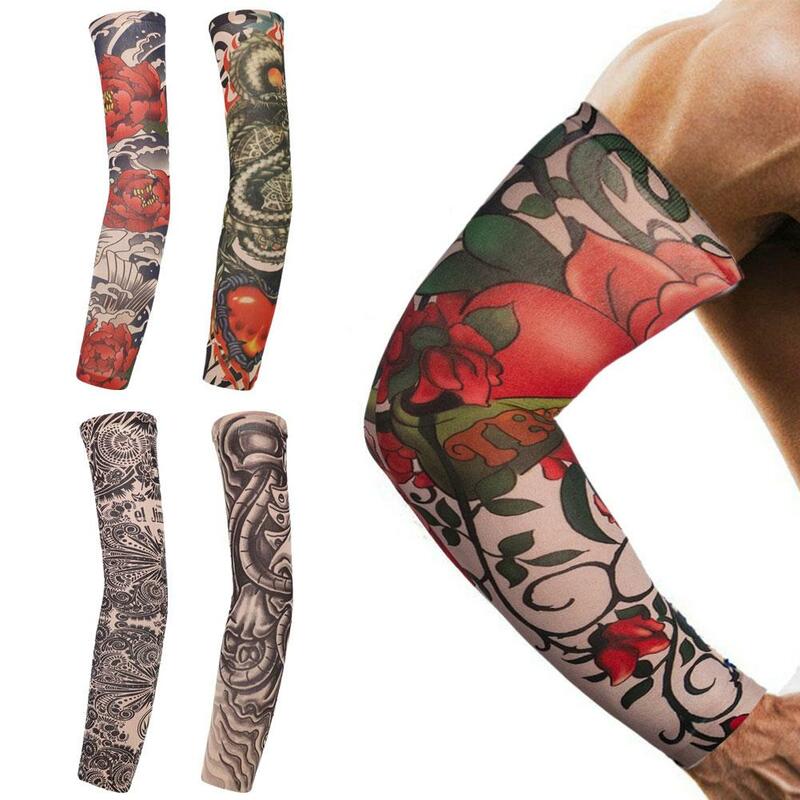 Tato lengan tangan pria palsu tato sementara lengan tangan Unisex penghangat elastis UV perlindungan keren dicetak tahan matahari Punk