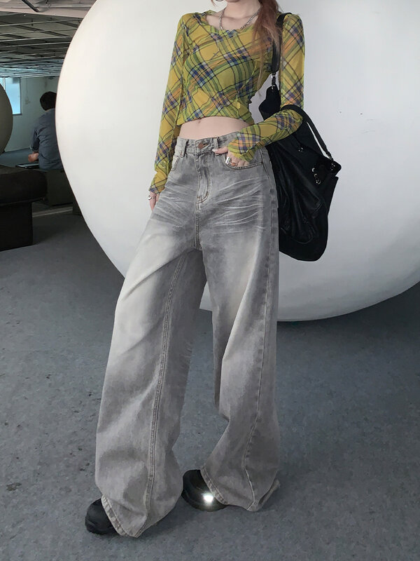 Jeans solto estilo Harajuku, calças jeans lavadas de rua, cintura alta, calças retas de perna larga, moda moderna, 2024