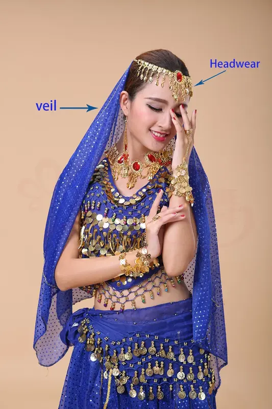 New belly dance headdress headscarf Indian dance performance accessories head chain eyebrow drop head scarf veil 2 piece set