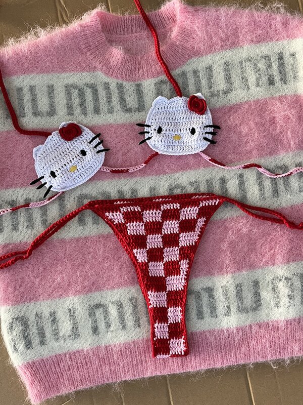Biquíni rosa micro kitty para mulheres, maiô de crochê, maiô vermelho, roupa bonita de férias, moda praia artesanal, verão, 2024
