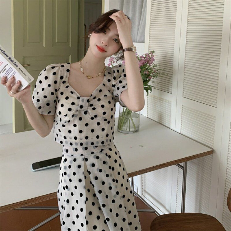 Frauen setzt Polka Dot Top Schleife Schnürung rücken frei stilvollen Rock koreanischen trend igen Vintage All-Match modische Sommer Streetwear süß