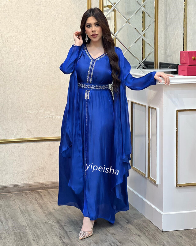 Jiayigong-Robe Mi-Longue en Satin avec Perles Drapées, Tenue de Coupe Trapèze, Col en V, sur Mesure, Arabie Saoudite