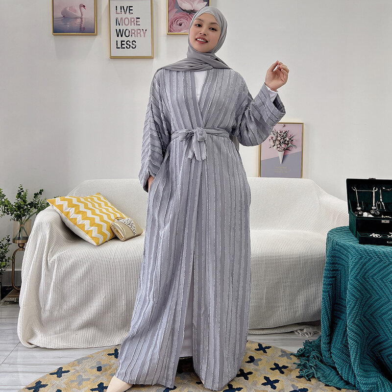 Jubah Korset Kardigan Abaya Lapisan Terbuka Gaun Wanita Elegan Warna Polos Muslim untuk Dubai Maroko Eropa dan Amerika