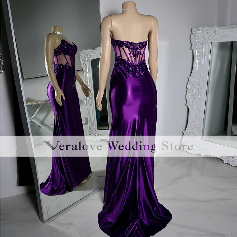 Stunning Purple Prom Dress Mermaid Strapless Black Girls Beads Satin Party Gowns For Women Mermaid Birthday Outfits
