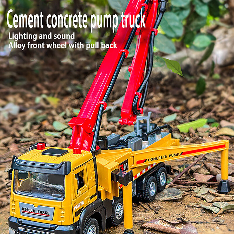 Brinquedo de caminhão de bomba de concreto Diecast Metal Vehicle Model Puxe som e luz, presente em miniatura para menino, 1:32