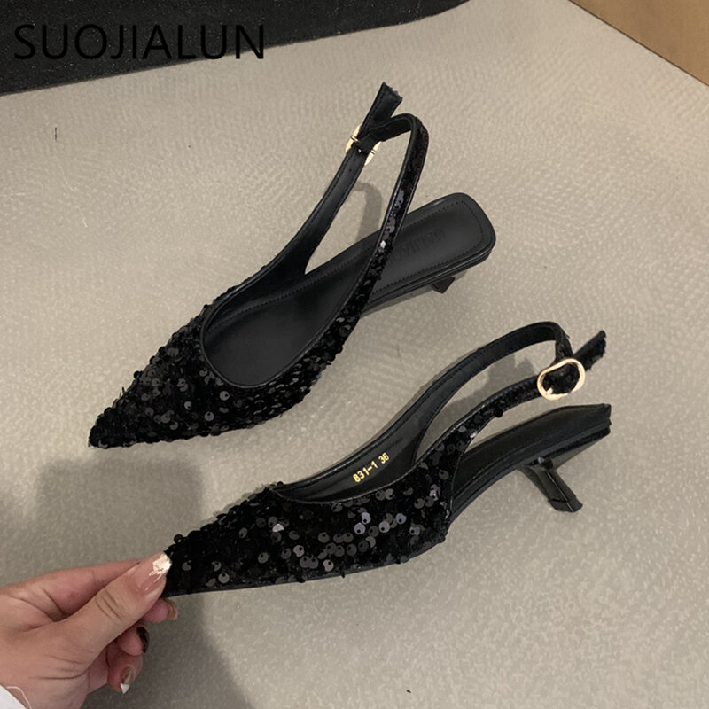 SUOJIALUN-Sandalias brillantes para mujer, zapatos de tacón medio con punta estrecha, sin cordones, elegantes, 2023