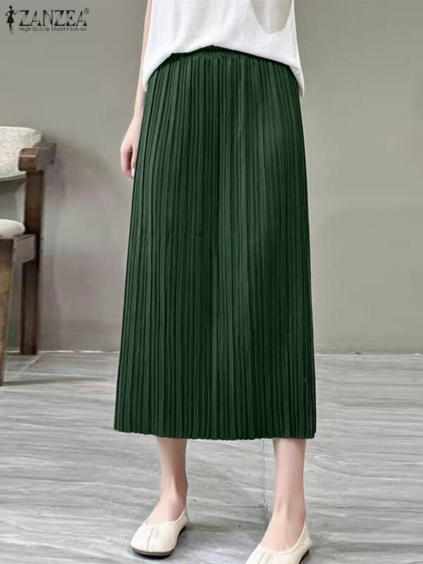 ZANZEA Fashion Mid Waist Jupes Women Elegant Long Skirt Saias Casual Loose Pleated Midi Skirts 2024 Summer Office Solid Faldas