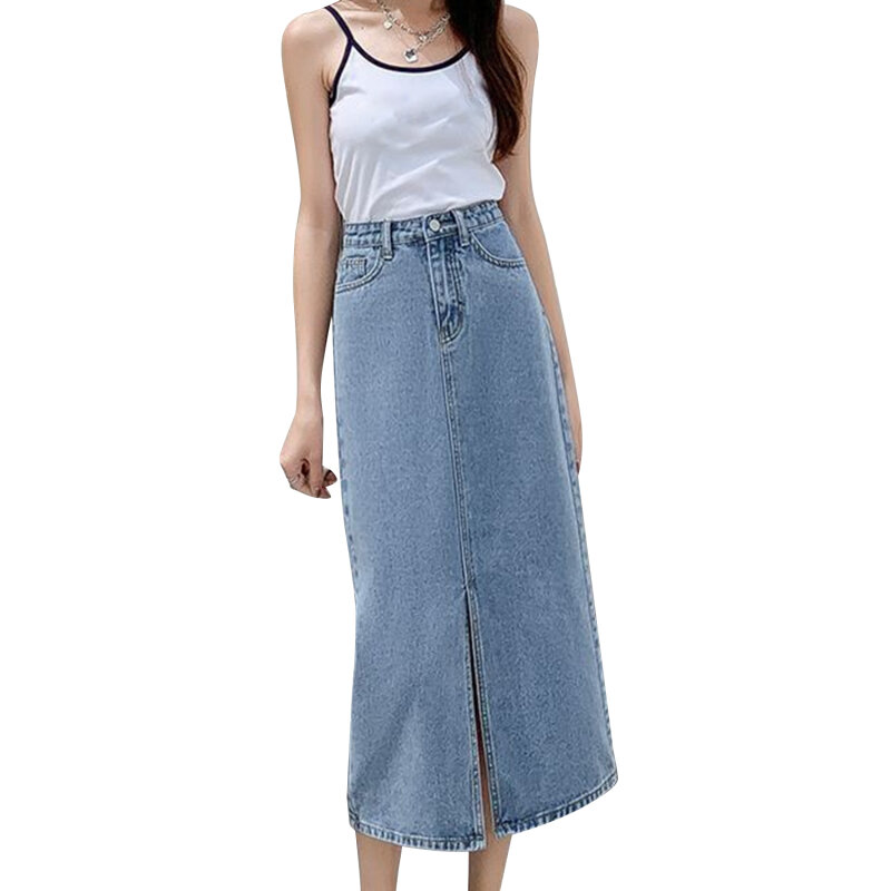 Женская длинная джинсовая юбка с разрезом, летняя джинсовая юбка с завышенной талией, новая летняя трапециевидная юбка с облегающими ягодицами, юбка в форме груши