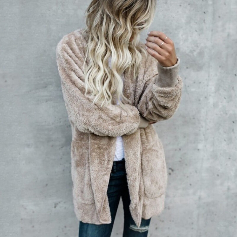 Manteau mi-long à capuche en fausse fourrure pour femme, veste des deux côtés, point ouvert, doux, chaud, confortable, hiver