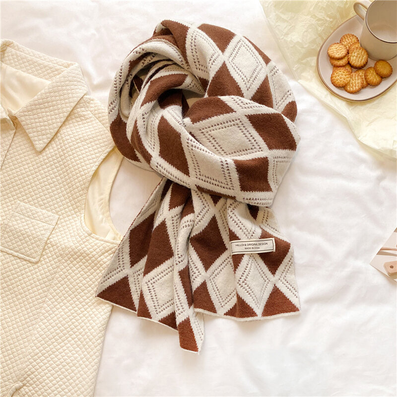 Foulard à carreaux en diamant tricoté pour femme, écharpe chaude, Style coréen, fil de laine élastique doux et épais, Bufanda