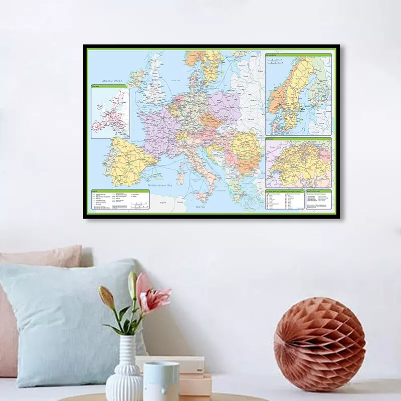 90*60cm The Europe Political and Traffic Map with Details Wall Art Poster Canvas Painting Home Decor Children School Supplies