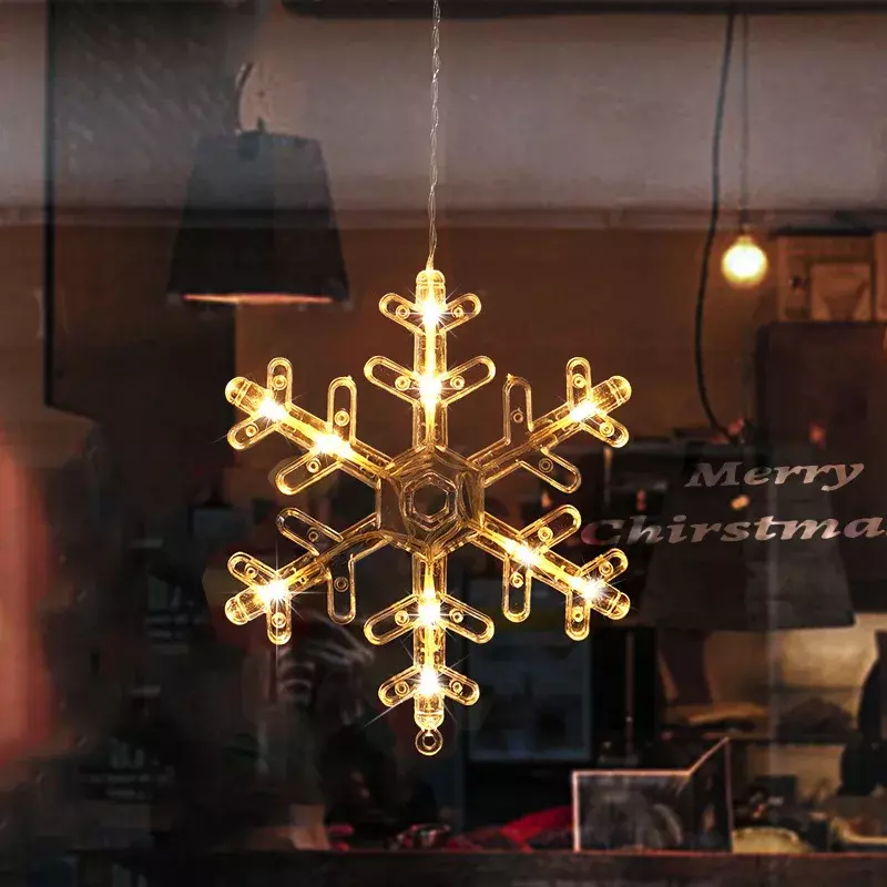 Adornos colgantes de Navidad con ventosa de luz LED, lámpara de decoración de Año Nuevo, copo de nieve, campana de Papá Noel, batería AAA