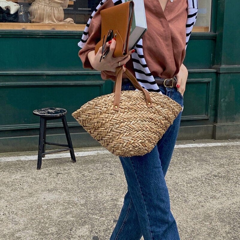 حقيبة يد منسوجة مصنوعة يدويًا من القش للنساء ، حقائب كتف كاجوال ، حقيبة حمل للشاطئ ، تسوق رائع ، موضة صيفية