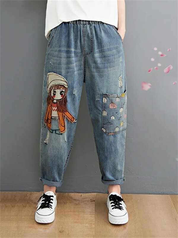 6537 Cartoon lettiera ragazza ricamo pantaloni in Denim per donna foro alla moda Casual vita alta pantaloni tasche mamma Harem Jeans blu
