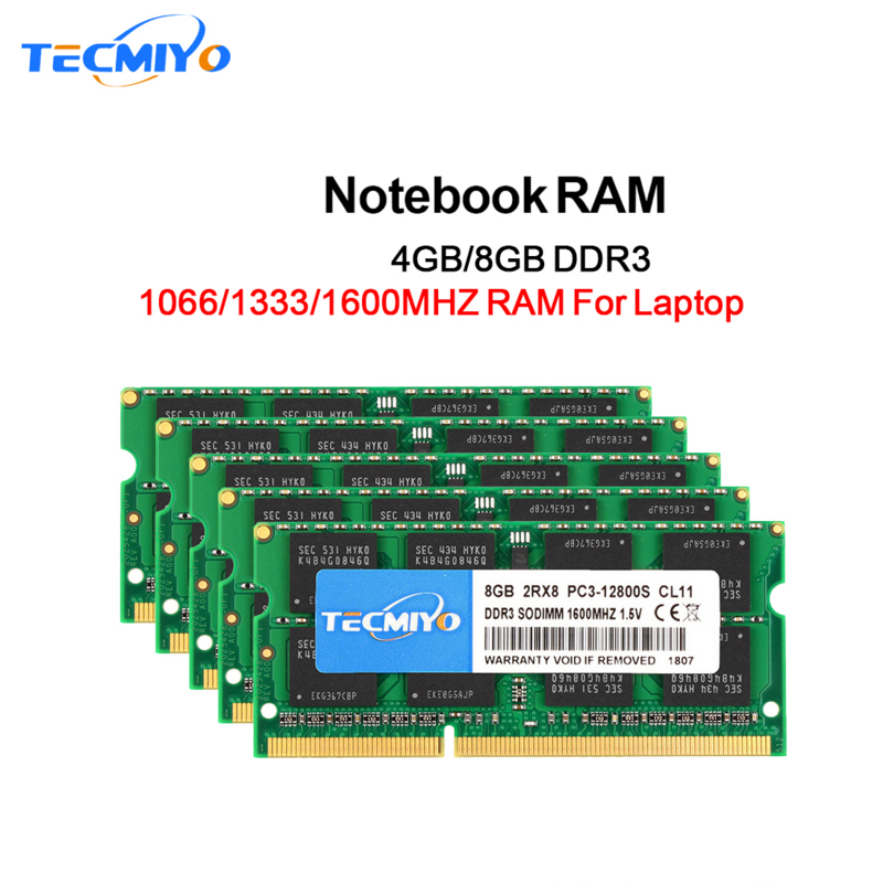 TECMIYO Laptop Memory RAM DDR3 DDR3L 8GB 4GB 1600MHz 1333MHz SODIMM 1.35V 1.5V PC3/PC3L-12800S PC3-10600S Non ECC 1 pz-verde