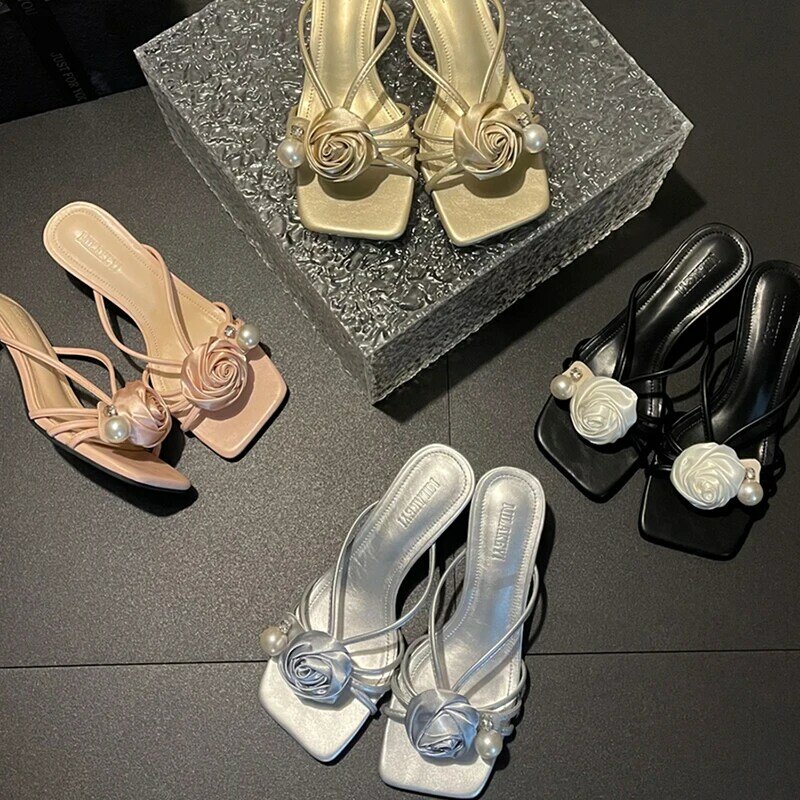 2024 Designer Sommer High Heel Frauen Slipper Mode Blume Open Toe Slides Outdoor-Kleid Sandale Damen Pumps
