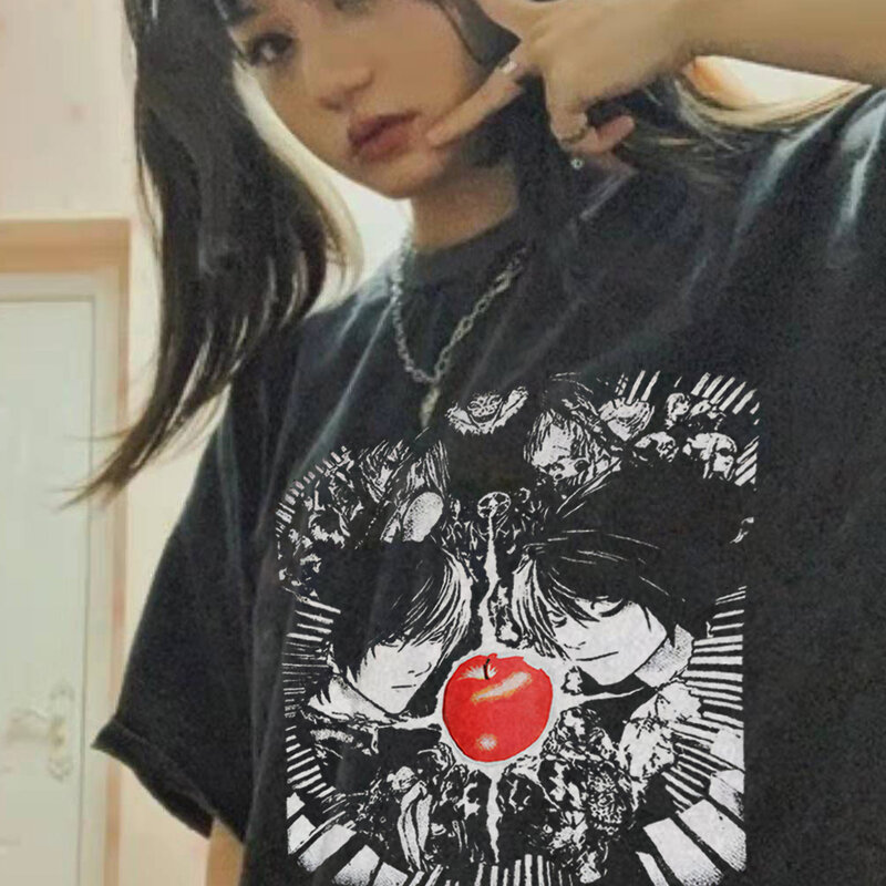 Kaus Wanita Musim Panas Lucu Kaus Kebesaran Anime Death Note Uniseks Gaya Harajuku Antik Kaus Dicuci Atasan Streetwear Y2k